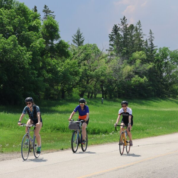 Three cyclists smiling and riding together in front of green trees.